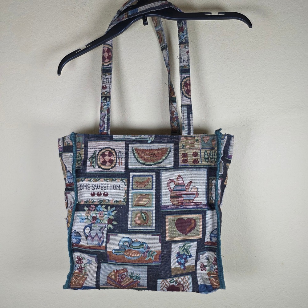 Vintage Woven Tapestry Tote Bag Kitchen Patchwork Home Sweet Home gram core